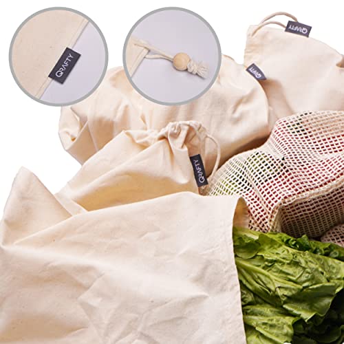 QRAFTY | Organic Cotton Produce Bags | Pack of 7 + 1 | Compact, Biodegradable, Food Safe Mesh & Muslin Bag Set | Reusable and Washable | Ultra Strong, Drawstring Bags for Grocery Shopping