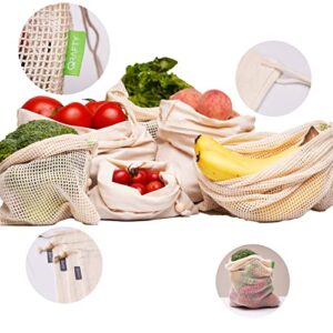 QRAFTY | Organic Cotton Produce Bags | Pack of 7 + 1 | Compact, Biodegradable, Food Safe Mesh & Muslin Bag Set | Reusable and Washable | Ultra Strong, Drawstring Bags for Grocery Shopping