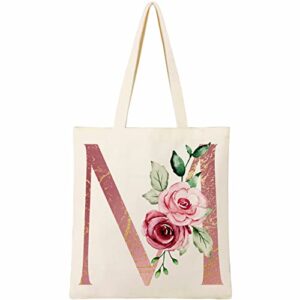 beegreen monogrammed gifts floral initial tote bag for women with inner zipper pocket beach tote bag 12oz canvas tote bag aesthetic for bridesmaids teacher birthday wedding large tote bag letter m