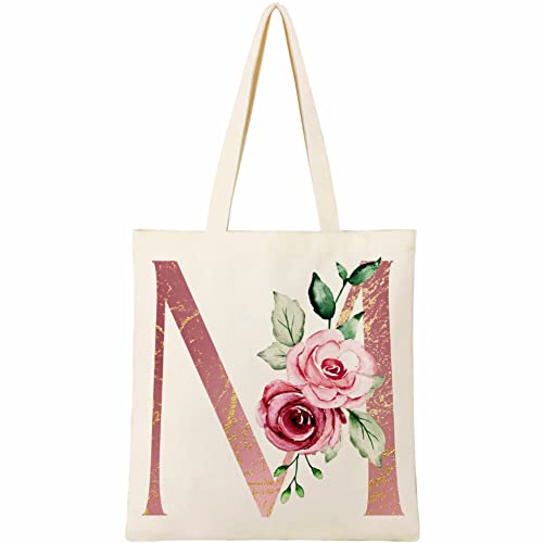 BeeGreen Monogrammed Gifts Floral Initial Tote Bag For Women with Inner Zipper Pocket Beach Tote Bag 12OZ Canvas Tote Bag Aesthetic for Bridesmaids Teacher Birthday Wedding Large Tote Bag Letter M