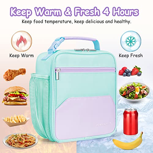DANIA & DEAN Lunch Bags, Cute Insulated & Reusable Mini Cooler Lunch Tote, Durable Thermal Lunchbox for Children/Students/Boys/Girls/Women/Men, School Picnic Travel Outdoor（Mint Green & Purple）