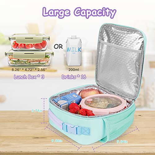 DANIA & DEAN Lunch Bags, Cute Insulated & Reusable Mini Cooler Lunch Tote, Durable Thermal Lunchbox for Children/Students/Boys/Girls/Women/Men, School Picnic Travel Outdoor（Mint Green & Purple）