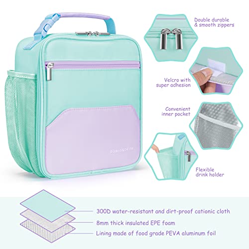 DANIA & DEAN Lunch Bags, Cute Insulated & Reusable Mini Cooler Lunch Tote, Durable Thermal Lunchbox for Children/Students/Boys/Girls/Women/Men, School Picnic Travel Outdoor（Mint Green & Purple）