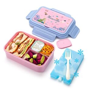 bento box for kids, two-color design lunch box with sauce containers, leak proof, dishwasher & microwave safe and 3 compartments meal prep bento box with ice pack for boys girls school, work, travel