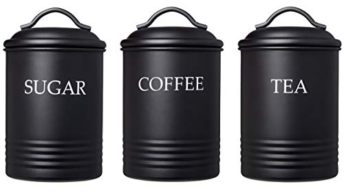 Steelware Central Kitchen Canister Set of 3 Sugar Coffee Tea with lids Food Storage, Black