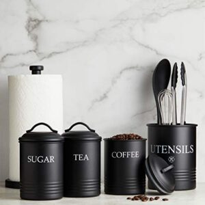 Steelware Central Kitchen Canister Set of 3 Sugar Coffee Tea with lids Food Storage, Black