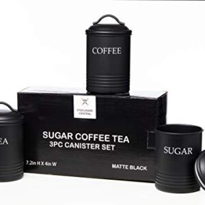 Steelware Central Kitchen Canister Set of 3 Sugar Coffee Tea with lids Food Storage, Black