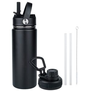 kerilyn 18 oz insulated water bottle with straw, stainless steel, vacuum double walled leak proof sports water cups flask with 2 lids (straw, spout), sweat-proof bpa-free, black