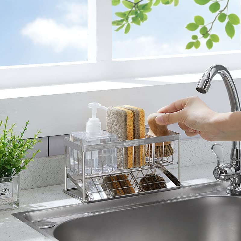 USYUEGLV Sponge Holder for Kitchen Sink, 304 Stainless Steel Kitchen Sink Caddy Organizer with Drain Tray Rack, Kitchen Sink Caddy for Dish Rags Brush