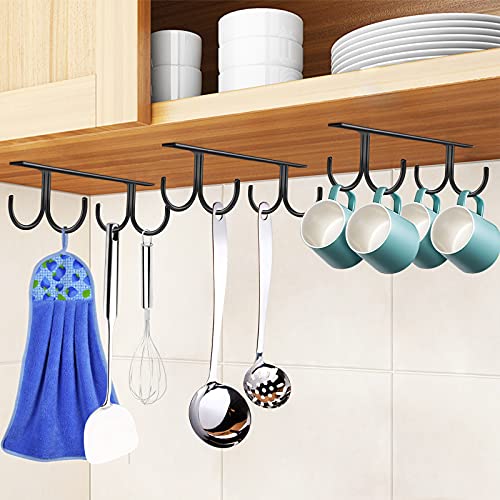 TRUSBER Mug Holder Under Shelf Coffee Cups Organizer Under Cabinet 3 Pack Cups Mugs Rack with Hooks 12 Hanging Hooks for Mugs,Coffee Glass Cups