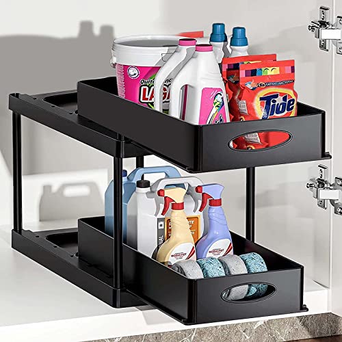 Under Kitchen Sink Organizers and Storage with 2 Tiers Pull Out Drawer Cabinet Organizer Countertop Kitchen Organization for Bathroom Dresser Table