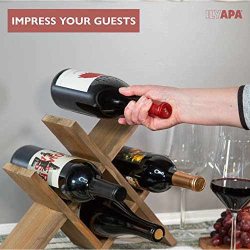 Ilyapa 4-Bottle Countertop Wine Rack - Rustic Weathered Brown Wood Wine Bottle Holder