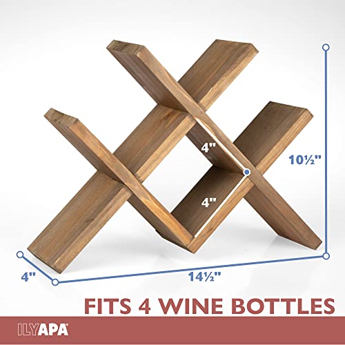 Ilyapa 4-Bottle Countertop Wine Rack - Rustic Weathered Brown Wood Wine Bottle Holder