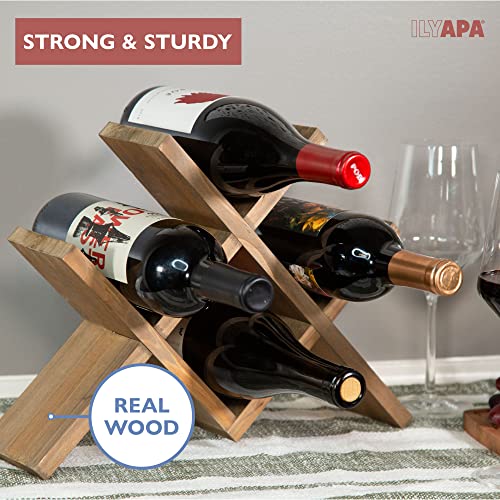 Ilyapa 4-Bottle Countertop Wine Rack - Rustic Weathered Brown Wood Wine Bottle Holder