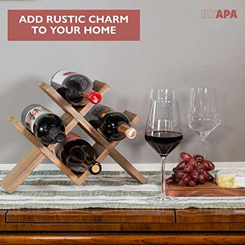 Ilyapa 4-Bottle Countertop Wine Rack - Rustic Weathered Brown Wood Wine Bottle Holder