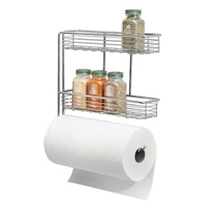 mdesign wall mount metal paper towel roll holder and dispenser with 2 shelf baskets – kitchen storage and organization for spice bottles, glass jars, salt, pepper – chrome