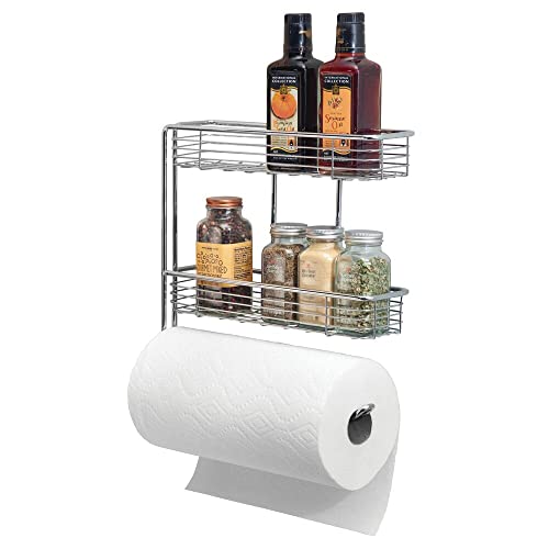 mDesign Wall Mount Metal Paper Towel Roll Holder and Dispenser with 2 Shelf Baskets - Kitchen Storage and Organization for Spice Bottles, Glass Jars, Salt, Pepper - Chrome