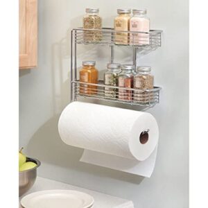 mDesign Wall Mount Metal Paper Towel Roll Holder and Dispenser with 2 Shelf Baskets - Kitchen Storage and Organization for Spice Bottles, Glass Jars, Salt, Pepper - Chrome