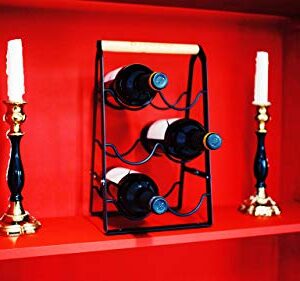 ARTES Countertop Wine Rack - Stackable Wine Holder for 6 Bottles - Metal Wine Racks for Pantry, Cabinet, Home Bar, Wine Cellar in a Three-Tiered Classic Design with Wooden Handle, Black