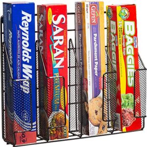 home basics stainless steel rust resistant wrap organizer, perfect for food storage bags, silver foil, wax paper, sandwich bags, plastic wrap- mounts to cabinet door or wall. onyx/black finish