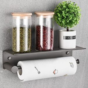Paper Towel Holder for Kitchen - TDYU Wall Mount Paper Towel Holder with Shelf Under Cabinet, Rustproof Aluminum, Lightweight but Durable, Both Available in Adhesive & Screws (Gray)