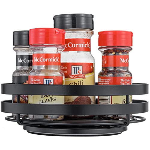 MyGift Modern Matte Black Metal Tabletop Lazy Susan Spice Rack Round Turntable Tray, Seasoning and Condiment Holder Spinning Rack