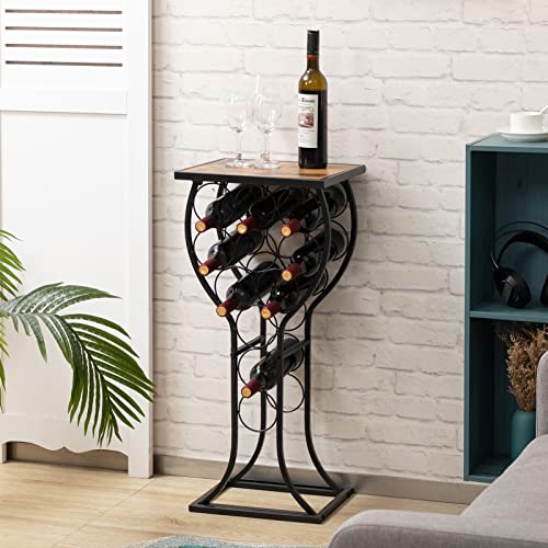 ALIMORDEN 11 Bottles Wine Rack Console Table,Wine Rack Freestanding Floor, Wine Glass Storage Organizer Shape Display Rack for Small Spaces Marble Veneer Top Brown