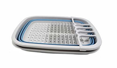 SAMMART 8L (2.11Gallons) Collapsible Dish Drainer with Drainer Board - Foldable Drying Rack Set - Portable Dinnerware Organizer - Space Saving Kitchen Storage Tray (Grey/Steel Blue, 1)