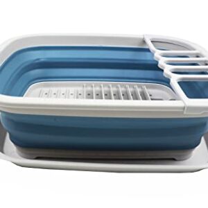 SAMMART 8L (2.11Gallons) Collapsible Dish Drainer with Drainer Board - Foldable Drying Rack Set - Portable Dinnerware Organizer - Space Saving Kitchen Storage Tray (Grey/Steel Blue, 1)