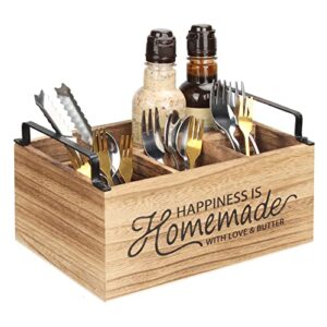 Wood Utensil Holder, Flatware Utensil Caddy with 2 Handles and 4 Compartments,Rustic Utensil Organizer and Silverware Holder for Picnic,Party ,Restaurant,Countertop,Farmhouse Kitchen Decor