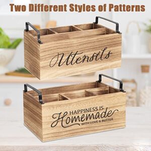 Wood Utensil Holder, Flatware Utensil Caddy with 2 Handles and 4 Compartments,Rustic Utensil Organizer and Silverware Holder for Picnic,Party ,Restaurant,Countertop,Farmhouse Kitchen Decor