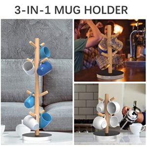 ONEDONE Mug Tree, Coffee Mug Holder 3-in-1 Coffee Mug Tree for Counter 22" Height Adjustable Solid Wood Coffee Cup Holder Anti-tip Coffee Mug Stand with 0.8" Thick Acrylic Bases (Black & Clear)