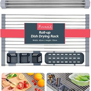 Expandable roll-up dish dryer rack, up to 22.8 inches, with 2 storage baskets, in sink kitchen roll-up dish drainer dish dryer rack in sink, foldable, rollable, for kitchen utensils, cups,forks