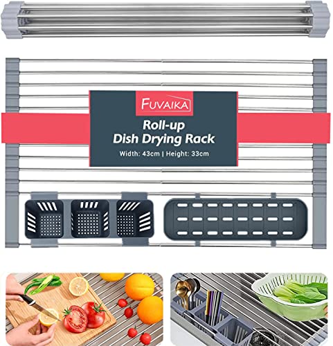 Expandable roll-up dish dryer rack, up to 22.8 inches, with 2 storage baskets, in sink kitchen roll-up dish drainer dish dryer rack in sink, foldable, rollable, for kitchen utensils, cups,forks