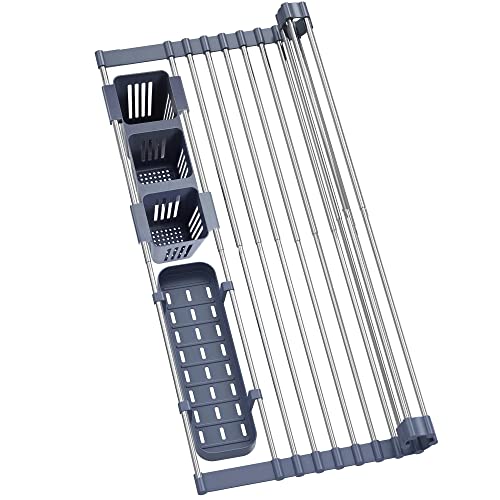 Expandable roll-up dish dryer rack, up to 22.8 inches, with 2 storage baskets, in sink kitchen roll-up dish drainer dish dryer rack in sink, foldable, rollable, for kitchen utensils, cups,forks