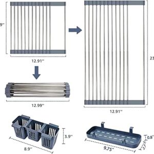 Expandable roll-up dish dryer rack, up to 22.8 inches, with 2 storage baskets, in sink kitchen roll-up dish drainer dish dryer rack in sink, foldable, rollable, for kitchen utensils, cups,forks