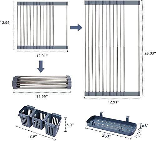 Expandable roll-up dish dryer rack, up to 22.8 inches, with 2 storage baskets, in sink kitchen roll-up dish drainer dish dryer rack in sink, foldable, rollable, for kitchen utensils, cups,forks