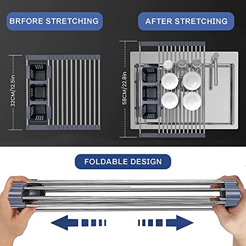 Expandable roll-up dish dryer rack, up to 22.8 inches, with 2 storage baskets, in sink kitchen roll-up dish drainer dish dryer rack in sink, foldable, rollable, for kitchen utensils, cups,forks