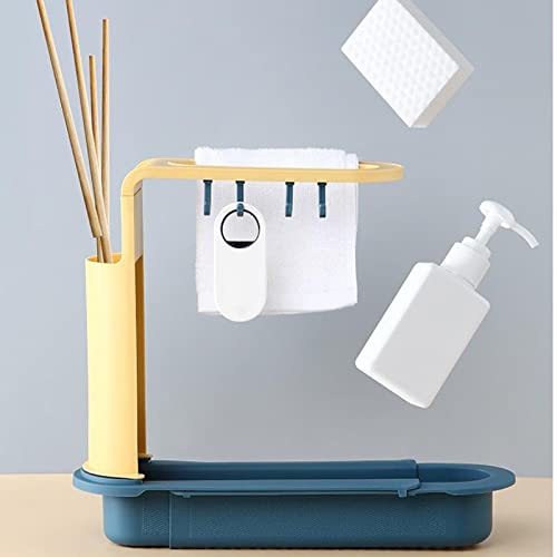 Telescopic Sink Holder, Adjustable Expandable Storage Drain Basket Rack, Sink Organizer Tray Sponge Soap Holder, Dish Cloth Hanger for Kitchen (Yellow-Blue)
