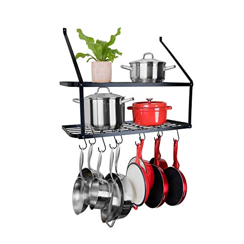 Heavy Duty Kitchen Wall Mounted Hanging Pot and Pan Rack Organizer with Ten Hooks | 2-Tiered Shelves For Kitchen Storage Organization, Bakers Rack, Cast Iron Skillets, Plants, Coffee Mugs (Black, 29")