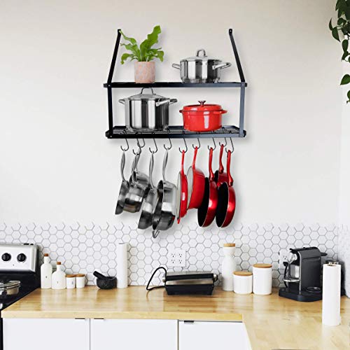 Heavy Duty Kitchen Wall Mounted Hanging Pot and Pan Rack Organizer with Ten Hooks | 2-Tiered Shelves For Kitchen Storage Organization, Bakers Rack, Cast Iron Skillets, Plants, Coffee Mugs (Black, 29")