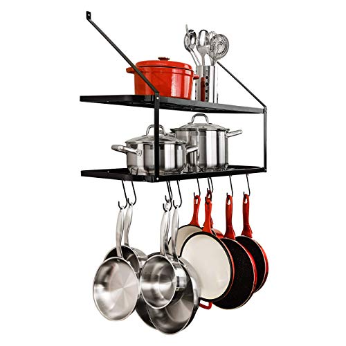 Heavy Duty Kitchen Wall Mounted Hanging Pot and Pan Rack Organizer with Ten Hooks | 2-Tiered Shelves For Kitchen Storage Organization, Bakers Rack, Cast Iron Skillets, Plants, Coffee Mugs (Black, 29")