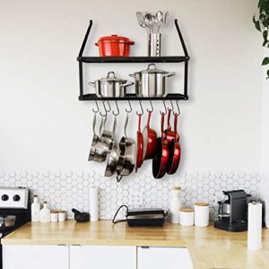 Heavy Duty Kitchen Wall Mounted Hanging Pot and Pan Rack Organizer with Ten Hooks | 2-Tiered Shelves For Kitchen Storage Organization, Bakers Rack, Cast Iron Skillets, Plants, Coffee Mugs (Black, 29")