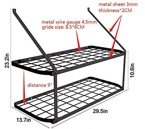 Heavy Duty Kitchen Wall Mounted Hanging Pot and Pan Rack Organizer with Ten Hooks | 2-Tiered Shelves For Kitchen Storage Organization, Bakers Rack, Cast Iron Skillets, Plants, Coffee Mugs (Black, 29")