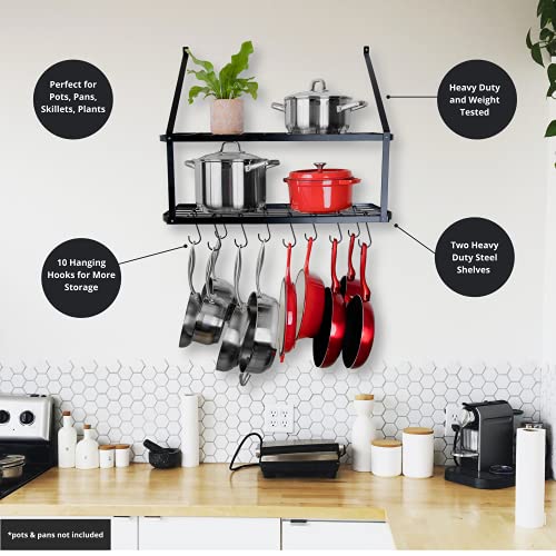 Heavy Duty Kitchen Wall Mounted Hanging Pot and Pan Rack Organizer with Ten Hooks | 2-Tiered Shelves For Kitchen Storage Organization, Bakers Rack, Cast Iron Skillets, Plants, Coffee Mugs (Black, 29")