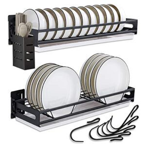 dish drying rack, detachable 304 stainless steel wall mount dish rack and drainboard set,2 tier hanging dish rack with 6 hooks and 1 utensil caddy(black)