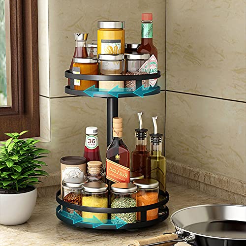 YunNasi Spice Rotating Turntable Metal Black Spinning Spice Rack Lazy Susan Organizer Spice Racks Free Standing for Kitchen Storage (Round, 2 Tier)