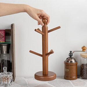 GOODSDECO Wooden Mug Holder Tree - 6 Hooks Wooden Mug Rack Tree, Mug Hanger for Tea Cup Coffee, Mug Hanger Stand for Kitchen Bar Countertop (Walnut)