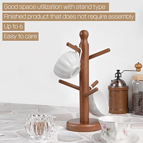 GOODSDECO Wooden Mug Holder Tree - 6 Hooks Wooden Mug Rack Tree, Mug Hanger for Tea Cup Coffee, Mug Hanger Stand for Kitchen Bar Countertop (Walnut)