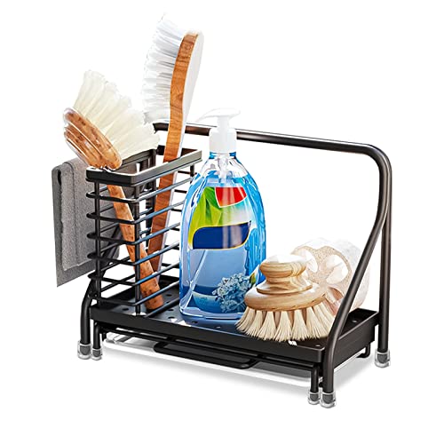 KMOTASUO Kitchen Sink Caddy Organizer, Sink Tidy Caddy Organizer Sponge Brush Soap Holder with Drain Pan, Kitchen Utensil Holders Cleaning Caddy for Countertop Stainless Steel Rustproof